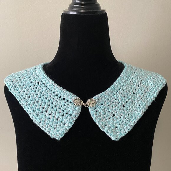 Handmade Crochet Blue Grey Bamboo Rayon Cotton Collar Neckwear Accessory - Picture 1 of 6